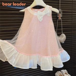 Bear Leader | Bear Leader Bow Decoration Pink Girls Dress Summer New Sleeveless Mesh Sequin Princess Dresses Birthday Party Kids Clothes