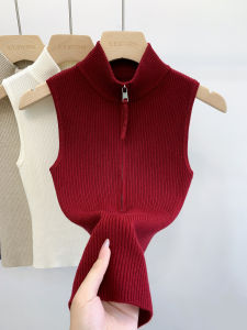 Elegant Knitted Halter Neck Vest Short Sleeveless Top High Collar Womens Base Shirt Match Outerwear Polyester Fiber Curvy Fit