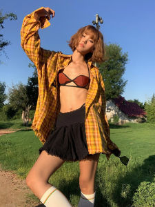 Tassel Yellow Long Sleeves Gingham Shirt for Boys and Girls Korean Style 2024 New Arrival American Retro Loose Shirt Coat