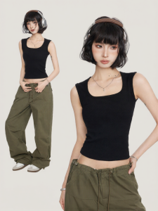BAIDAIFEI | Black Square Neck Workwear-Style Camisole Tank Top Summer Wearable Wide Straps American Short-Sleeve