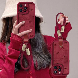 Red Snake Year Sheep Skin Mobile Phone Case with Lanyard Protective Cover for  16Promax 15Plus 2025 Anti-Fall High-End Feel