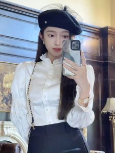 French Vintage Court Ruffle Bottom Womens Shirt Loose Style Long Sleeve Commute Fashion Classic Length Regular Fit Top