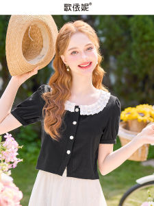 Sweet Style Womens T-Shirt Short Sleeve Lace Trim Mini Size Shoulder Fit Black Slimming Top round Neck Cotton Blend Spring Summer New Arrival