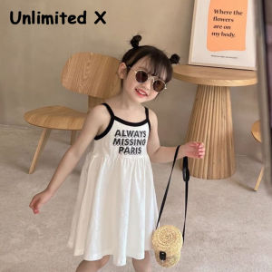Không giới hạn x mùa hè cô gái Đầm dây váy áo Gi-lê cho bé in chữ cái dây đeo váy con gái dễ thương