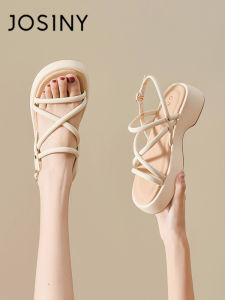 Josiny Roman Style Thick Heel Sandals Womens Summer Knot Beach Shoes White Outdoor Slippers Casual Low Cut PU Leather Sandals