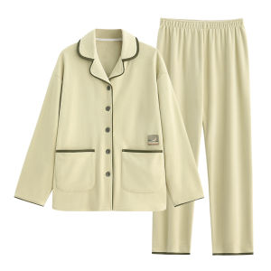 yuenei | Bộ đồ ngủ lông cừu dày cho cặp đôi mùa thu đông quần dài tay áo cardigan cổ bẻ nhỏ màu trơn polyester 95% spandex 5%