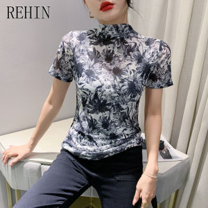 Rehin thời trang mới nửa cổ áo cao lưới độc đáo in hoa áo phông ngắn tay áo Thun Cơ Bản mỏng hàng đầu cho phụ nữ