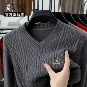 TUCANO 7-Needle 100% Pure Wool Knitted Sweater Mens V-Neck Winter Thickened Flower Pattern Knitwear Business Casual Style