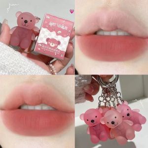Lip&Cheek Two Use Cute Bear Keychain Lip Mud Matte Velvet Blush Lipstick Waterproof Long Lasting Non-Stick Cup Lip Gloss