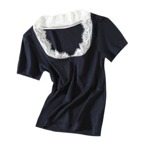 Large U-Neck Lace-Paneled T-Shirt