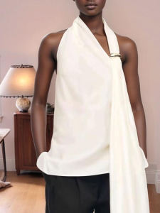 Shifan Heixin Black Slim Fit Lyocell Fiber Sleeveless Top for Women with Scarf Collar UV Protection Pure Color Regular Fit