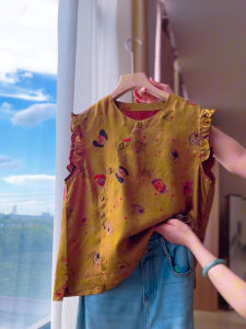 YUFUQING | New Chinese Style Yellow Floral Print Button Short Sleeve Womens Shirt Summer 2025 High Waist Loose Fit Casual Fashion