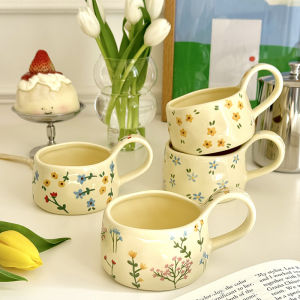 Korean Style Ceramic Mug Cute Hand Pinched Irregular Small Flower Pattern Coffee Cup Breakfast Milk Tea Cups Gift for Kids Girls
