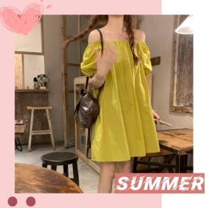 LHSunday ไฟลูก - มินิเดรส เปิดไหล่สายเดี่ยว แขนตุ๊กตา เดรสสั้นผ้า ไม่หนาไม่บางไม่ร้อนสวม สีพื้น ดูแพงสุดๆ