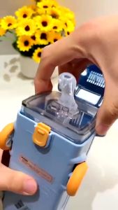 500ML Creative Bus Shaped Water Bottle with Straw/Roller/Strap Portable Cute Tritan Kids Cups Water Kettle