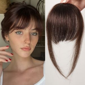 Brown Wispy Bangs Human Hair Bangs OverHead Clip in Hair Extension Natural Hair in Air Bangs Fringe Hairpieces for Women 4.5inch