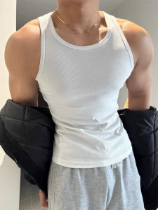 เสื้อกั๊กสปอร์ตสีขาวสำหรับผู้ชาย แฟชั่นสปอร์ตแบบอเมริกัน แขนกุด คอวี ระบายอากาศได้ดี ระบายเหงื่อ ทรงหลวม สวมใส่สบาย