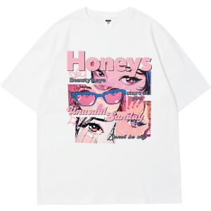 เสื้อยืดแขนสั้นสีเทาเข้มสไตล์อเมริกันสำหรับผู้หญิง แฟชั่นฤดูร้อน เสื้อผ้าสตรีสตรีทการ์ตูน คอกลม ทรงหลวม 100% คอตตอน