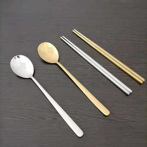 Korean Style 304 Stainless Steel Cutlery Set Anti-Slip Golden Color Chopsticks And Spoon for Home And Commercial Use