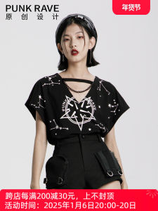 Punk Rave เสื้อยืดสีดําผู้หญิงแขนสั้น V คอหลวม Fit บุคลิกภาพ INS ฤดูร้อน Design Sense เสื้อยืด