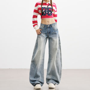 Low Waist Loose Wide Leg Denim Jeans Womens Light Blue Fleece Lined American Retro Scythe Pants Casual Straight Fit Jeans