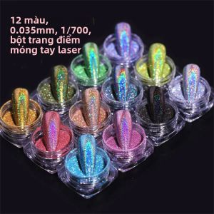 12 Lọ/bộ 0.05mm Bột Nhũ Móng Tay Holographic Siêu Sáng Hiệu Ứng Cầu Vồng Kỳ Lân Laser Làm Móng Tự Làm Bột Mịn 0.05mm