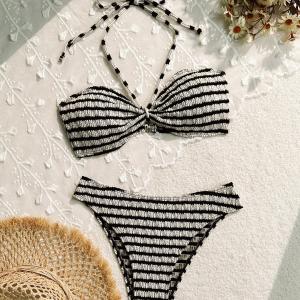 Strapless Necktie Bikini Two-Piece Swimming Suit Thermal Beach Slimming Swimwear Polyester Material Triangle Design