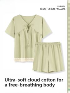 MiiOW | Pure Cotton Summer Sleepwear Set For Women Casual Loose Short Sleeve Shorts Home Clothes Comfortable Plus Size Ladies Suit