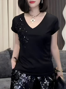 Black Sequin Short Sleeve T-Shirt Womens Summer New plus Size Slimming Stylish Casual V-neck Top Korean Style Commute