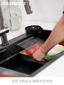 HIGOLD Handmade Waterfall Sink Black Nano Kitchen Sink 304 Stainless Steel Drift Rain Waterfall Single Sink Topmount and Undermount Basin Set