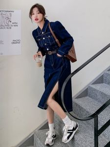 ชุดเดรสยีนส์ทรงเอเอวสูงสไตล์เกาหลีสำหรับผู้หญิงในฤดูใบไม้ผลิและฤดูใบไม้ร่วง ชุดเดรสยาวทรงเข้ารูปสไตล์ฝรั่งเศสย้อนยุค