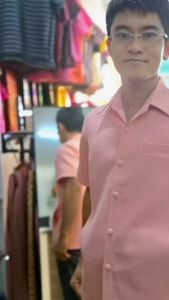 เสื้อซาฟารีชาย ปกเชิ้ต อัดกาวทั้งตัว ผ้าฝ้าย เยื่อไผ่ ใส่ทำงาน ใส่ทีม สีโอรส พี่พิมพ์ ผ้าไทย