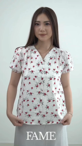 FAME | 9221592 | Short Sleeve Floral Blouse | Broken White | Blus Wanita Lengan Pendek Motif Bunga