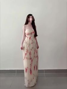 CHANGTONG | Vintage Unique Printed Tube Top Waist Slimming Dress