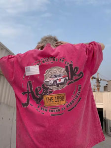 Pink Washed Vintage Short Sleeve T-Shirt Mens Summer Hip Hop Dopaamine Street Style Half Sleeve Trendy American High Street