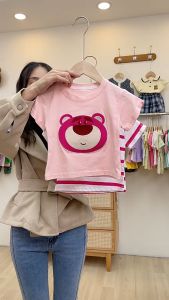 ELMORA | BJ1803 Baju Kaos Lengan Pendek Anak Perempuan Bahan Katun Motif Kartun Lotso Pink Lucu
