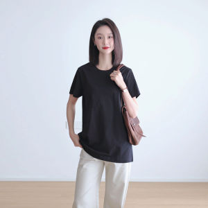 Pure Cotton round Neck Short Sleeve Mid-Length T-Shirt Yoga Pants Compatible Slimming Design Casual Commute Style Knitted Fabric