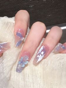 Handmade Dreamy Blue Camellia Butterfly Wearable Nails Ultra Fairy Ice Transparent Nude High Fashion Womens Nail Art