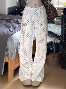 กางเกงขายาวลายจุดสีขาวปักลายสำหรับเด็กผู้หญิง กางเกงขายาวทรงตรงบาง กางเกงขายาวทรงขากว้างสำหรับใส่เล่นกีฬาในช่วงฤดูร้อน