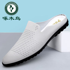 Woodpecker Leather Shoes Mens Summer Cut Out Breathable Soft Bottom Half Slippers Mens Leather Leisure Pump Sandals Slip-on Outwear