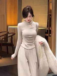 WANGGONGZHU | Elegant Long Sleeve T-Shirt Womens Inner Wear Button Design Slim Fit Chinese Style Base Shirt Commute Style Regular Length