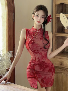 New Chinese Style Sleeveless Qipao Dress Elegant Thinming Small Size Bodycon Skirt Summer New Womens High Waist Mesh Fabric
