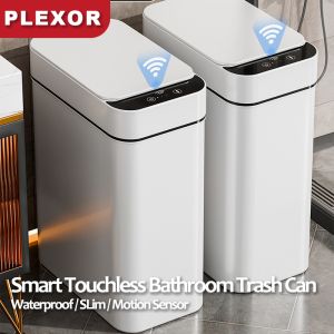 Plexor 13L Motion Sensor Trash Can with Cover Automatic Smart Touchless Bathroom Rubbish Can with Lid Narrow Plastic Auto Open Home Slim Trash Bins with Cover for Kitchen Bedroom Bathroom - Small Garbage Can (Black)