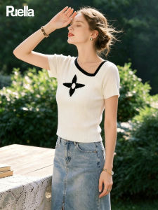 puella | Summer French Sweet Style Contrast Pattern Shoulder Fitting Slim Short Sleeve Shirt