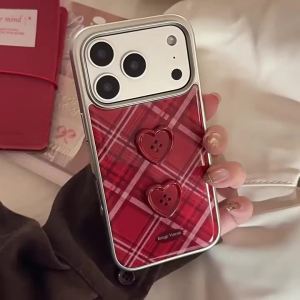 Luxury Red Grid Pattern 3D Love Heart Button Plating Phone Case For iPhone 17 Air 16 15 14 13 12 Pro Max Shockproof Hard Cover