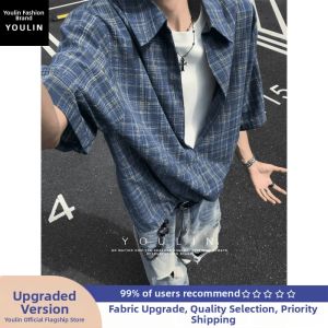 YOULIN | American Checkered Fake Two-Piece Short Sleeve Shirt Summer Casual V-Neck T-Shirt