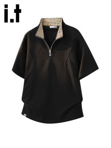 izzue | American Retro Deconstructed Half Zip Stand Collar Clean Fit Mens T-shirt