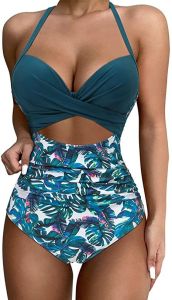 ชุดว่ายน้ำบิกินี่สไตล์น้ำพุสำหรับผู้หญิง ชุดว่ายน้ำเอวสูงแบบสวมหัว ชุดกีฬาฤดูร้อน ชุดกีฬาผู้หญิง ชุดว่ายน้ำสปอร์ต