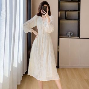 Elegant V-Neck Long Sleeve Lace Insert Chiffon Dress Womens Gentle Fairy Style Midi Dress Lantern Sleeve Bell Hem Spring Autumn