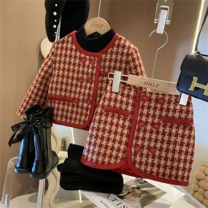 Elegant Princess Vestidos Suit Kids Plaid Double Breasted Set New Kids Fashion Girls Blouse Skirt 2Pcs 1-8 Years Baby Clothing